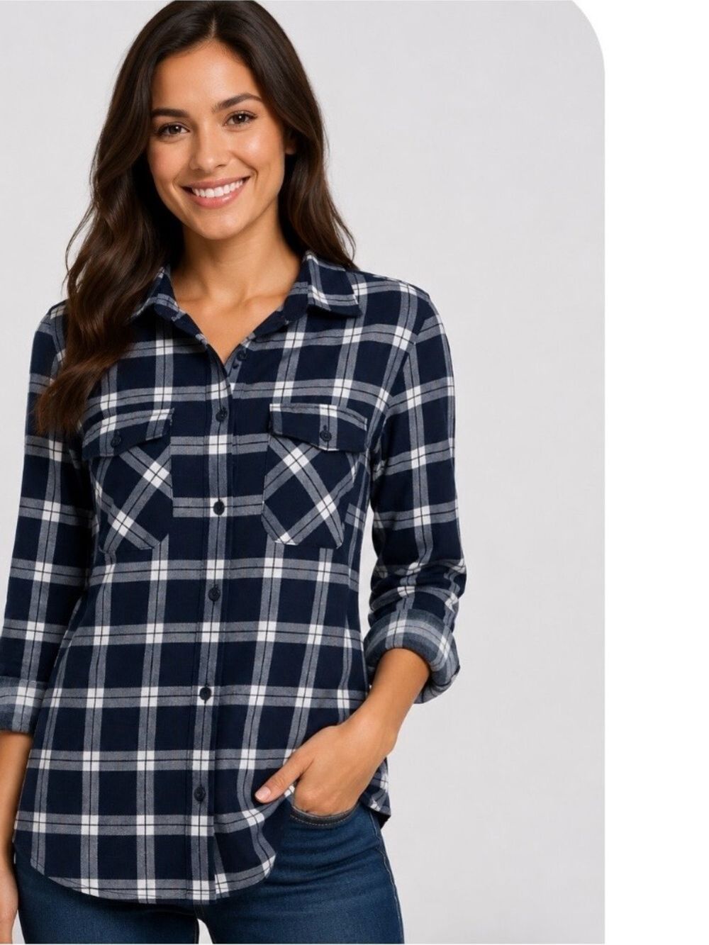 Blue and White Plaid Button Down Flannel Shirt M